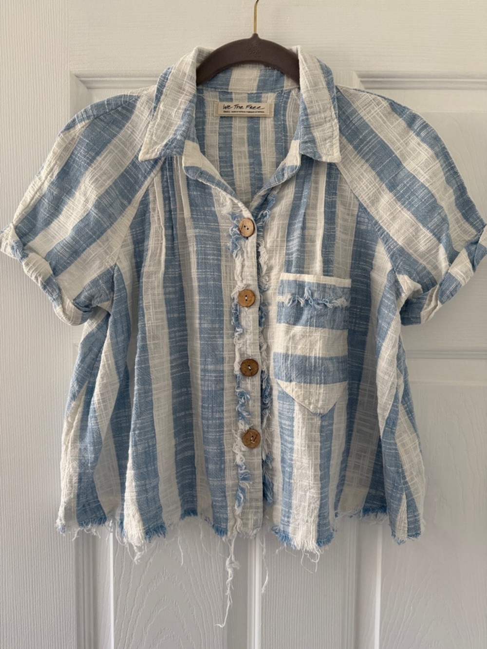 We The Free Blue & White Striped Crop Top “Away at Sea” Linen/cotton blend